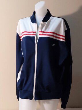 [VTG] Speedo Blue, White & Red Striped Full-Zip Track Jacket w/pockets Size: L